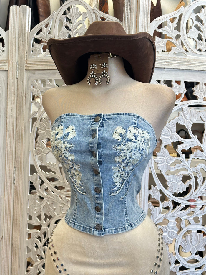 Denim Embroidered Strapless Top - Estira, Stretchy