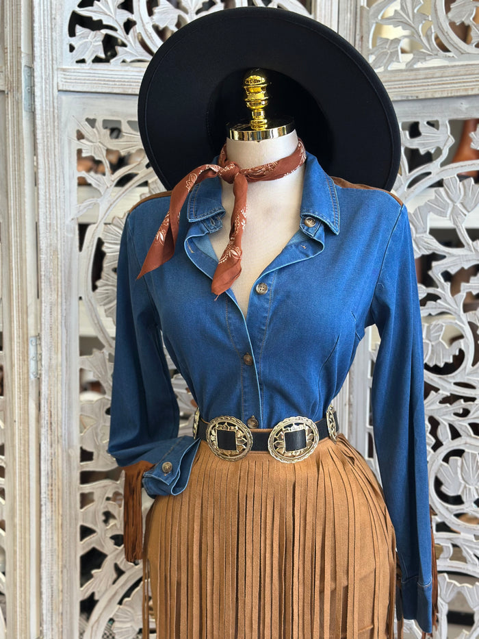 Denim Gold Button Fringe  Blouse- Estira, Stretchy