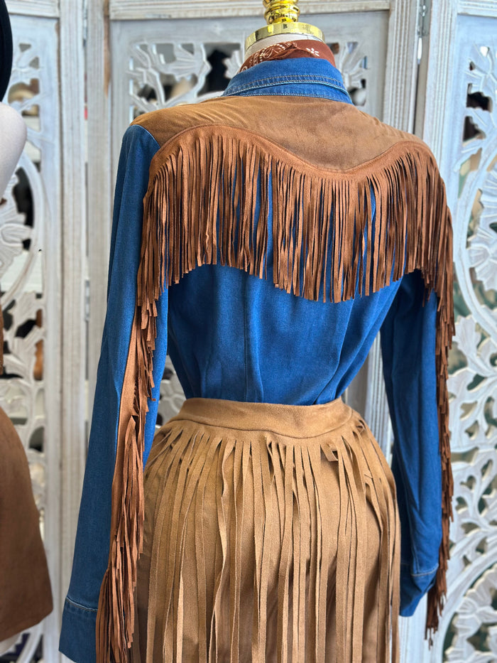 Denim Gold Button Fringe  Blouse- Estira, Stretchy