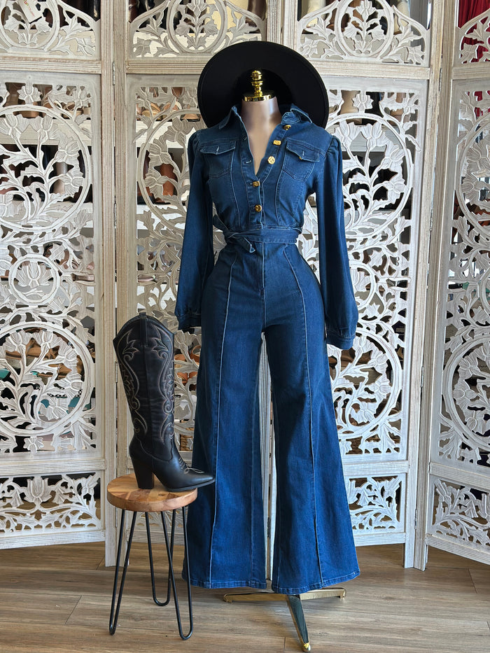 Denim Gold Button Up Jumpsuit - Stretchy,Estira poco