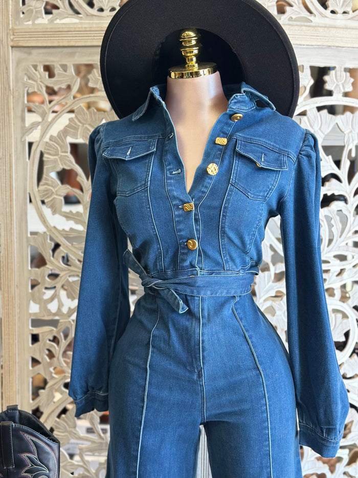 Denim Gold Button Up Jumpsuit - Stretchy,Estira poco
