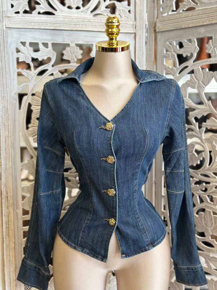 Denim Gold Rose Button Top- Estira, Stretchy