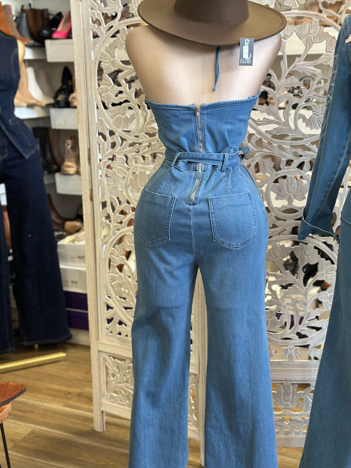 Denim Halter Wrapped Jumpsuit - Slightly Stretchy,Estira Poco