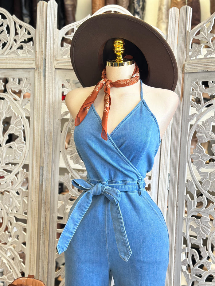 Denim Halter Wrapped Jumpsuit - Slightly Stretchy,Estira Poco
