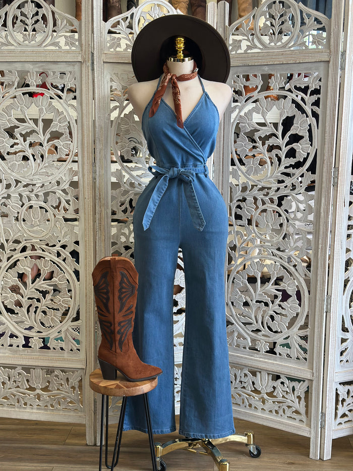 Denim Halter Wrapped Jumpsuit - Slightly Stretchy,Estira Poco