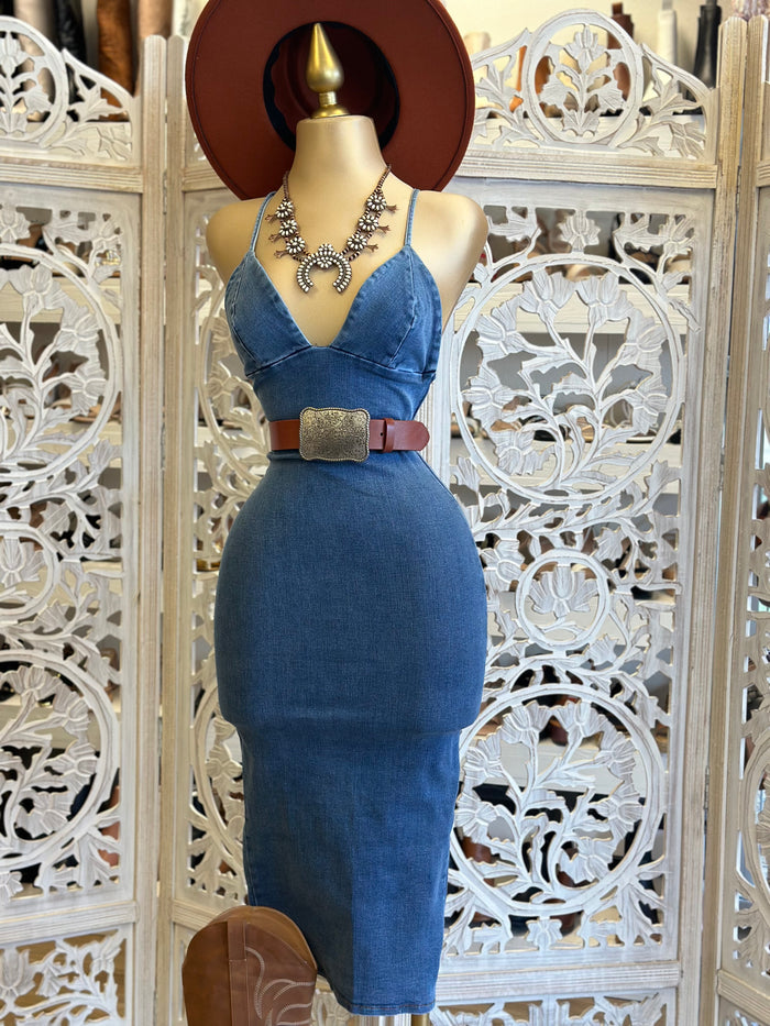 Denim Heart Cross Back Dress- Stretchy