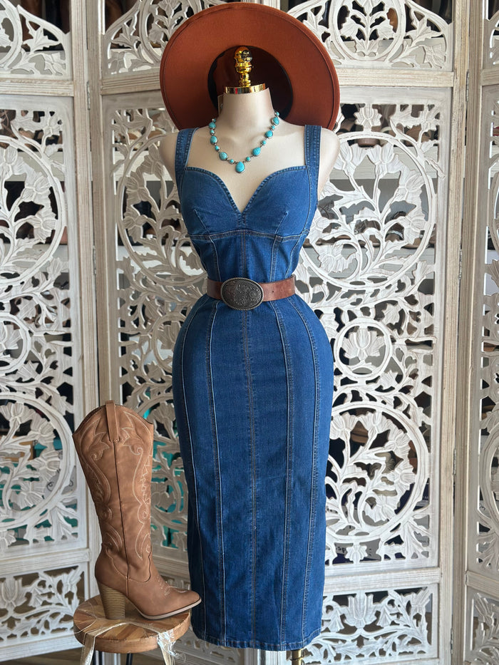 Denim Heartline Midi Dress- Stretchy,Estira