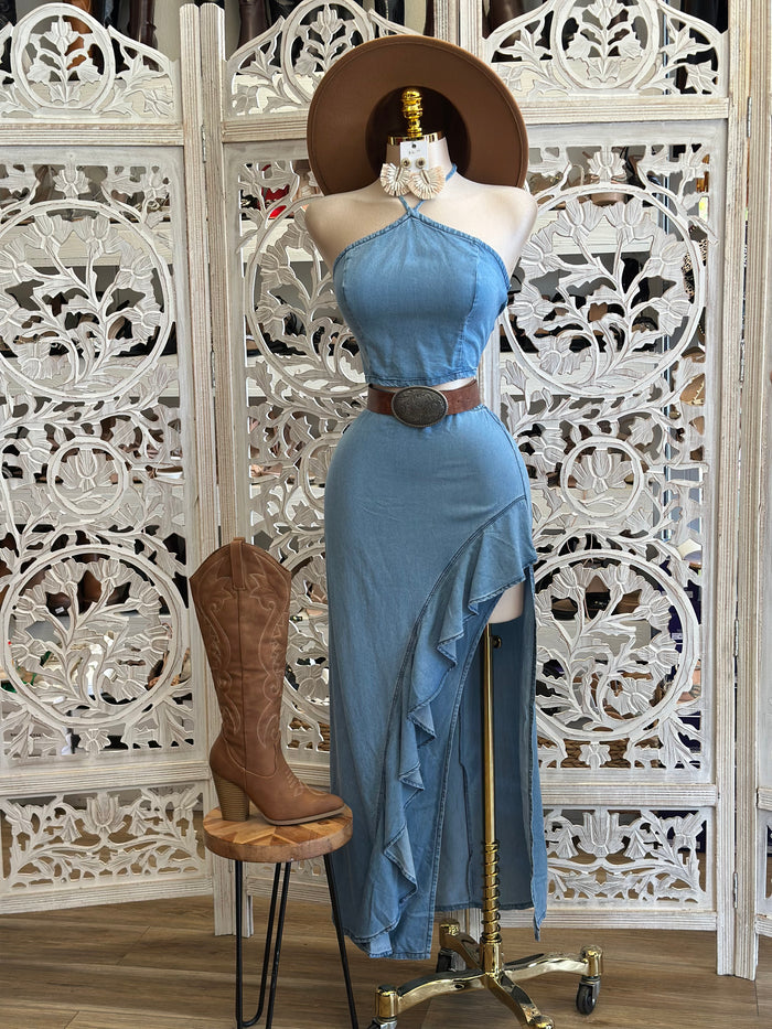 Denim High Neck High Low Set-No Estira, Not Stretchy