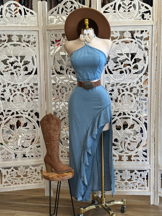 Denim High Neck High Low Set-No Estira, Not Stretchy