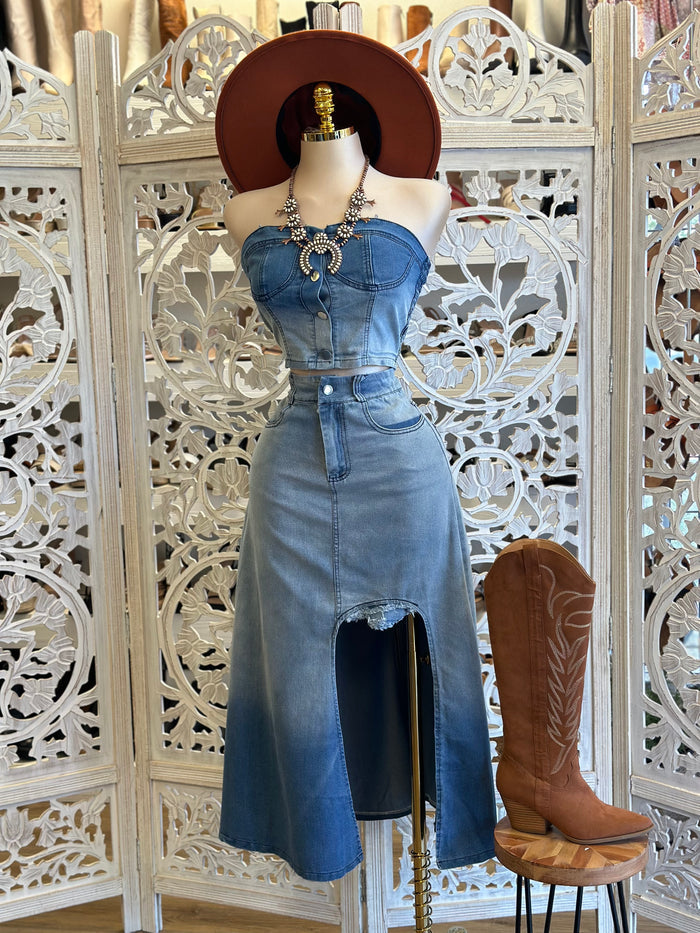Denim Maxi Skirt Set - No Estira, Not Stretchy