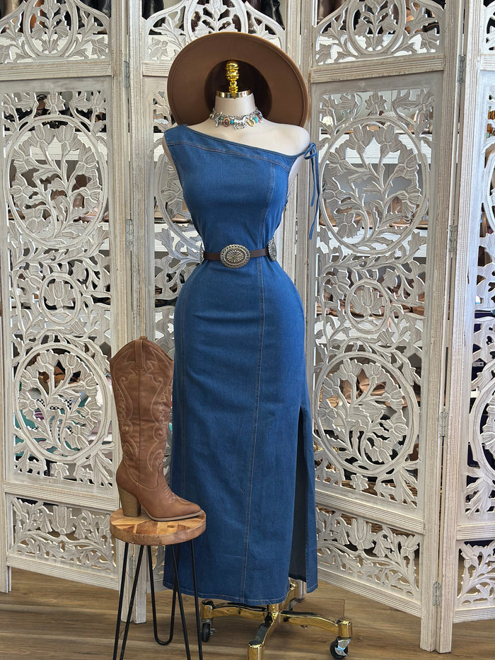 Denim Off Shoulder Midi Dress- Slightly Stretchy, Estira Poco