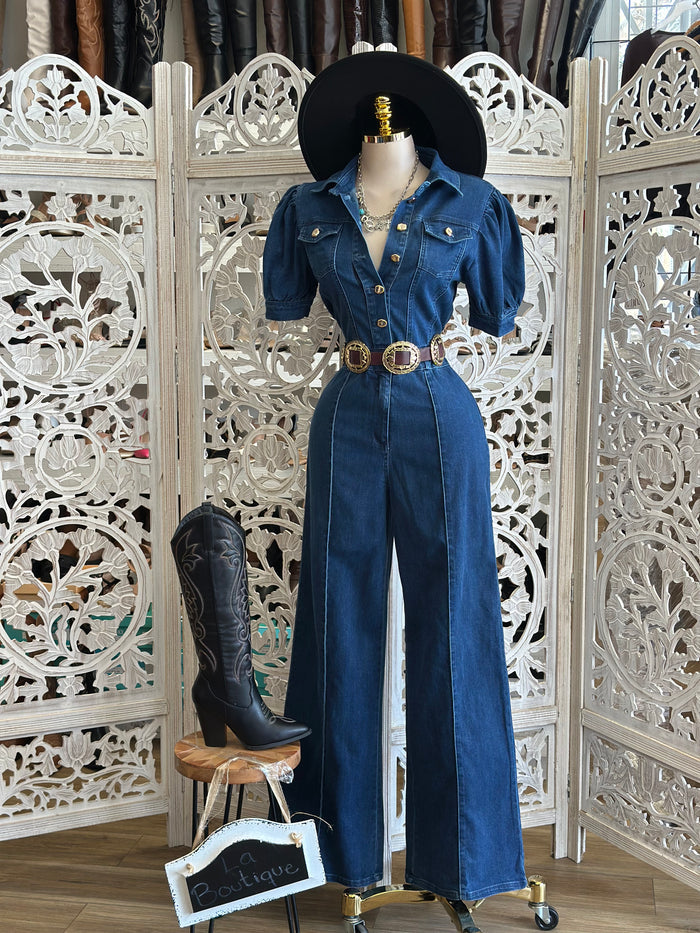 Denim Puff Sleeve Jumpsuit-Estira Poco, Slightly Stretchy