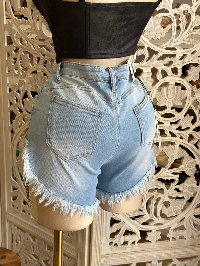 Denim Rhinestone Fringe Mini Shorts-Estira, Stretchy