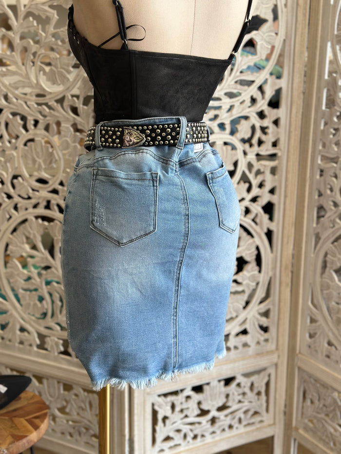 Denim Rhinestone Gradient Skirt-Estira, Stretchy