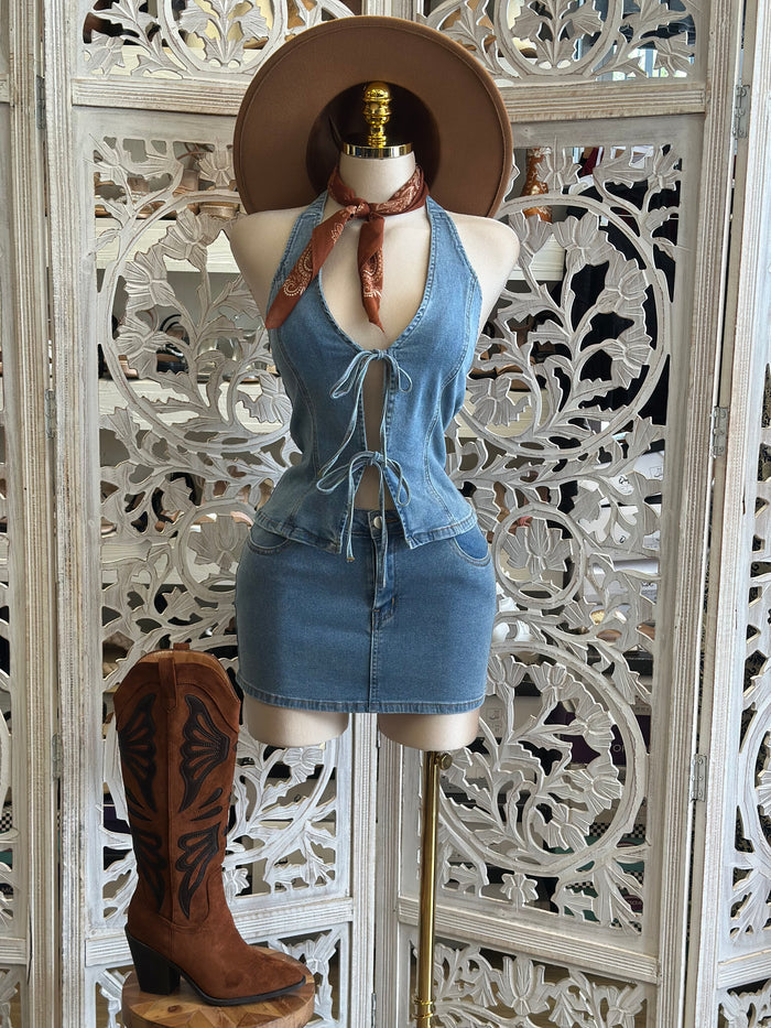 Denim Ribbon Mini Skirt Set- Slightly Stretchy, Estira Poco