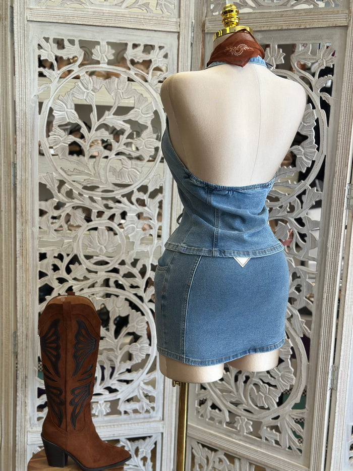 Denim Ribbon Mini Skirt Set- Slightly Stretchy, Estira Poco