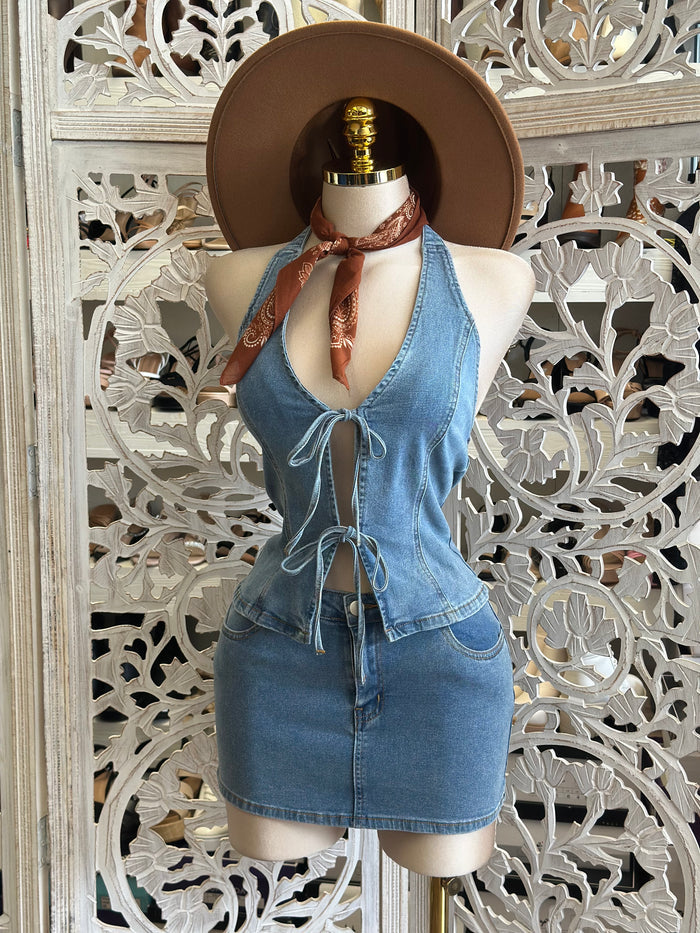 Denim Ribbon Mini Skirt Set- Slightly Stretchy, Estira Poco