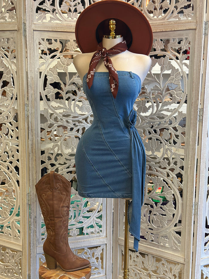 Denim Rose Tail Mini  Dress- Not Stretchy, No Estira