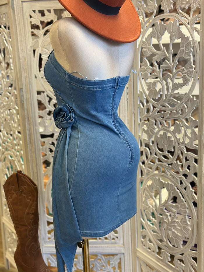Denim Rose Tail Mini  Dress- Not Stretchy, No Estira