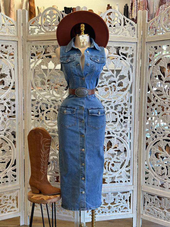 Denim Sleeveless Button Up Midi Dress - Estira, Stretchy