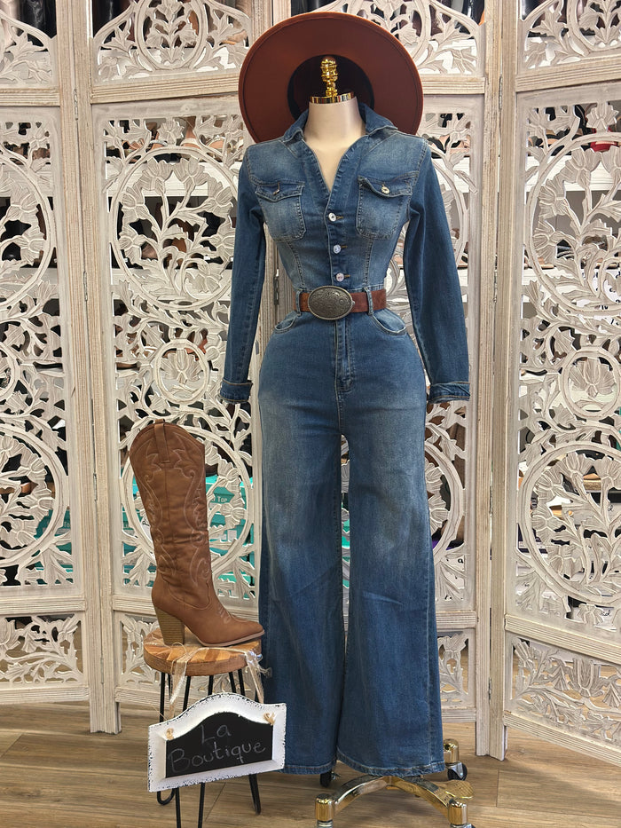 Denim Wide Leg Jumpsuit- Stretchy, Estira
