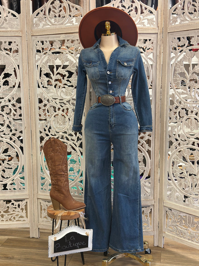 Denim Wide Leg Jumpsuit- Stretchy, Estira