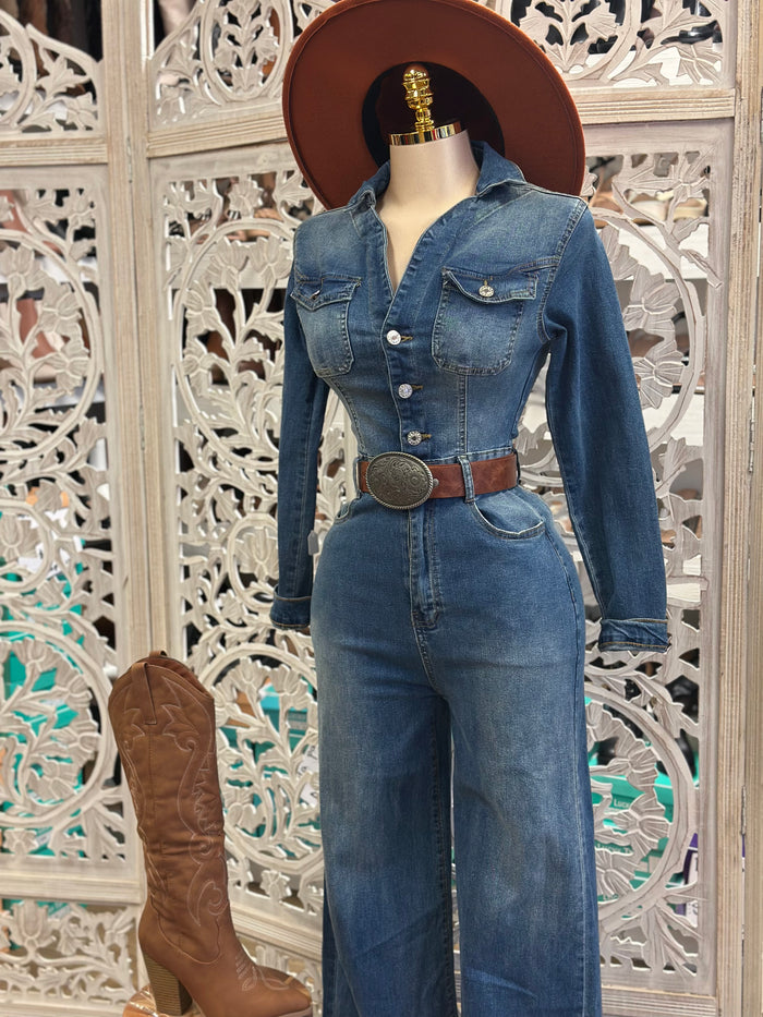 Denim Wide Leg Jumpsuit- Stretchy, Estira