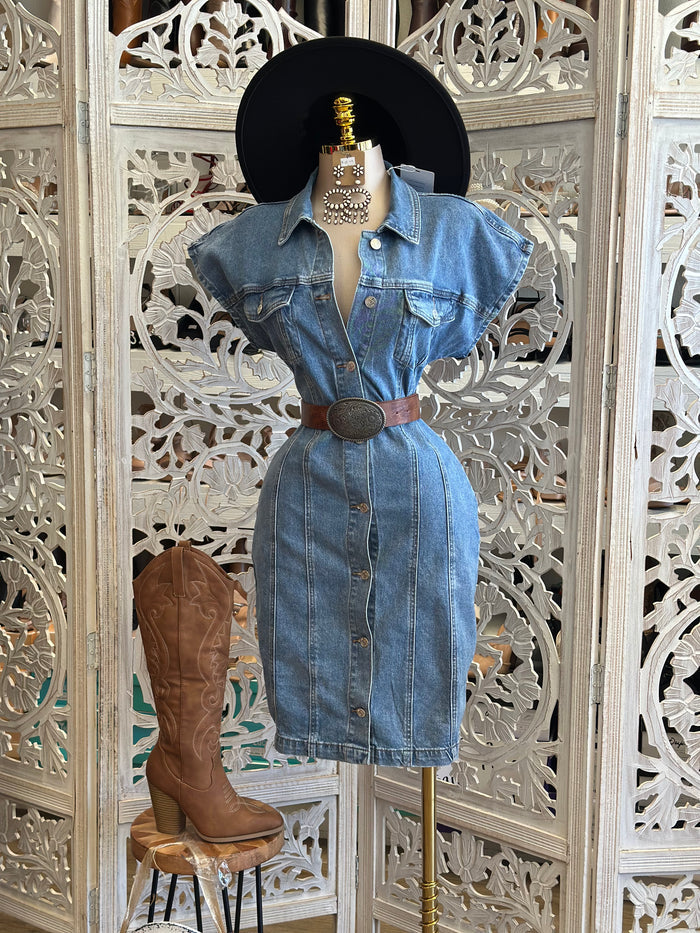 Denim Wide Sleeve Button Dress-Estira Poco, Slightly Stretchy
