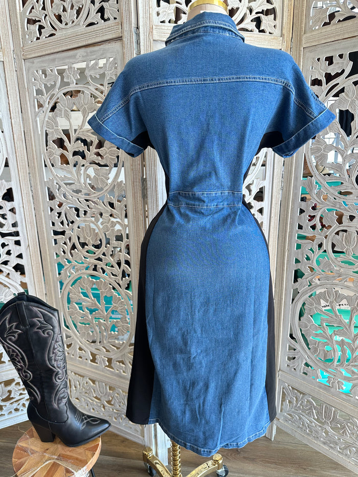 Denim Wrapped Collard Midi Dress- Stretchy,Estira