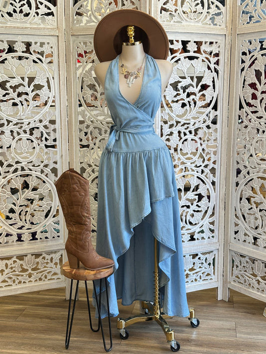 Denim Wrapped High Low Dress-Stretchy, Estira