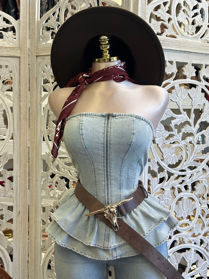 Denim Zip Up Strapless Top