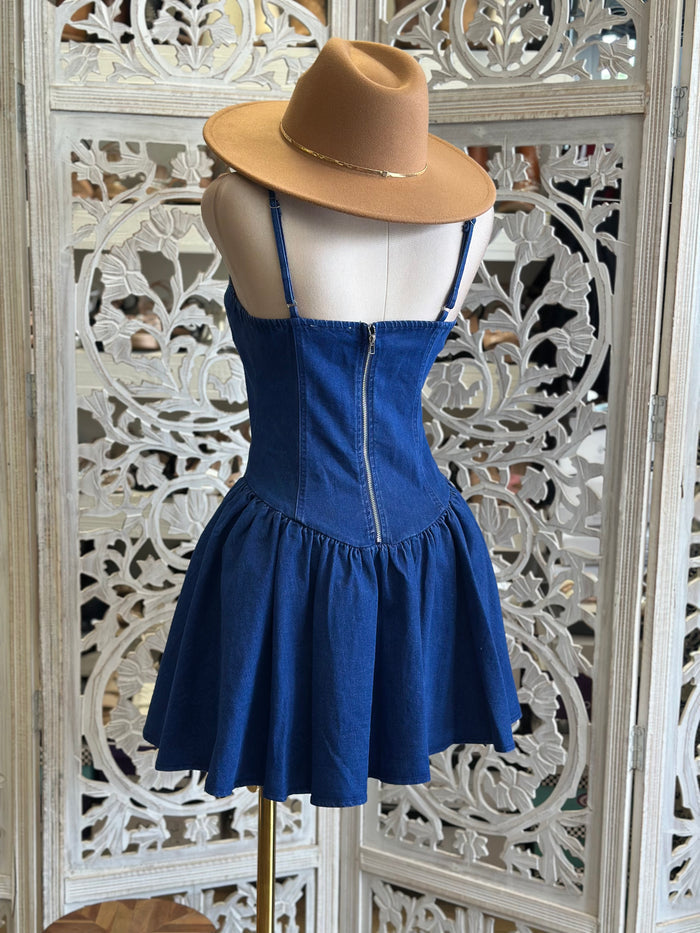 DenimCorset Puff Mini Dress- Stretchy, Estira