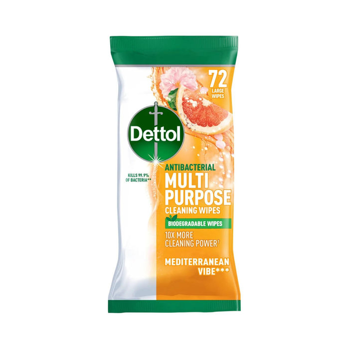 Dettol Biodegradable Antibacterial Multi Purpose Large Cleaning Wipes Mediterranean Vibe 72