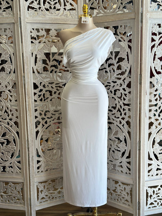 Dove White Asymmetrical Dress-Estira, Stretchy