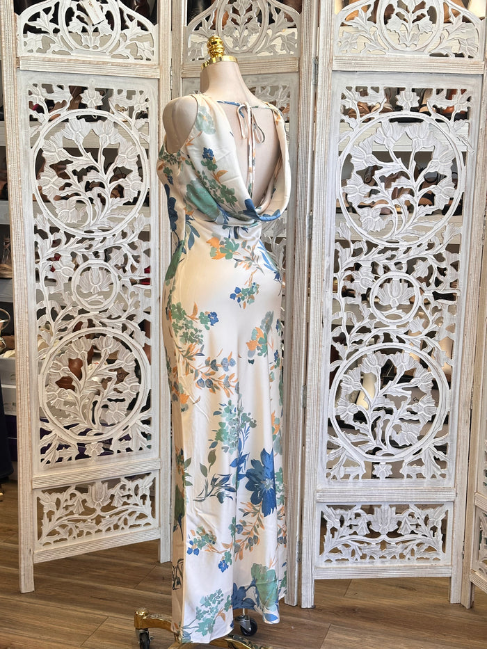 Draped Back Floral Satin Dress- Not Stretchy, No Estira