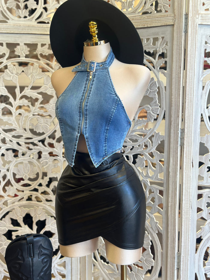 Draped Leather Mini Skirt- Estira, Stretchy