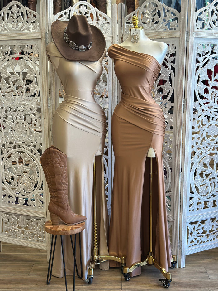 Draped One Sleeve Gown Dress- Estira, Stretchy