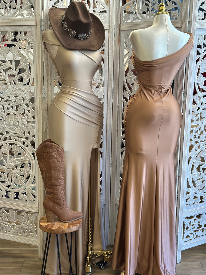 Draped One Sleeve Gown Dress- Estira, Stretchy