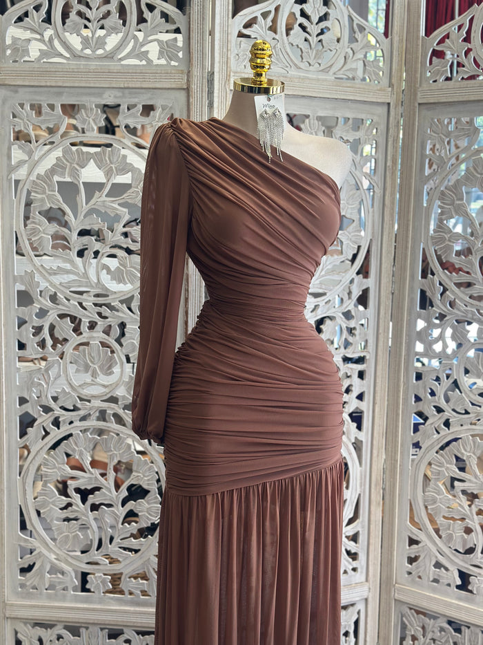 Draped One Sleeve Mesh Maxi Dress -  Estira, Stretchy