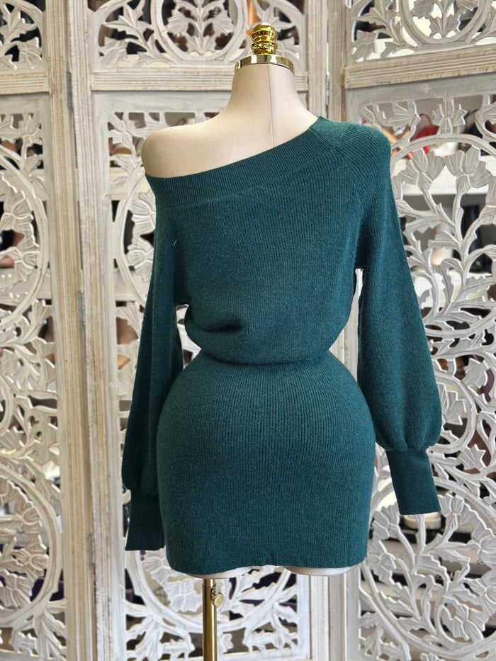 Draped Shoulder Deep Green Dress- Stretchy,Estira