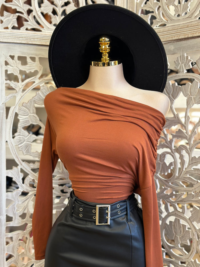 Draped Shoulder Long Sleeve Blouse- Estira, Stretchy