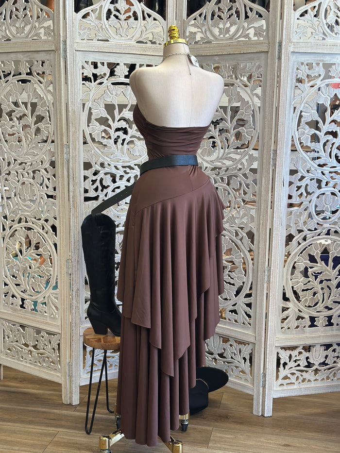 Earth Brown Ruffle High Low Strapless Dress-Estira, Stretchy