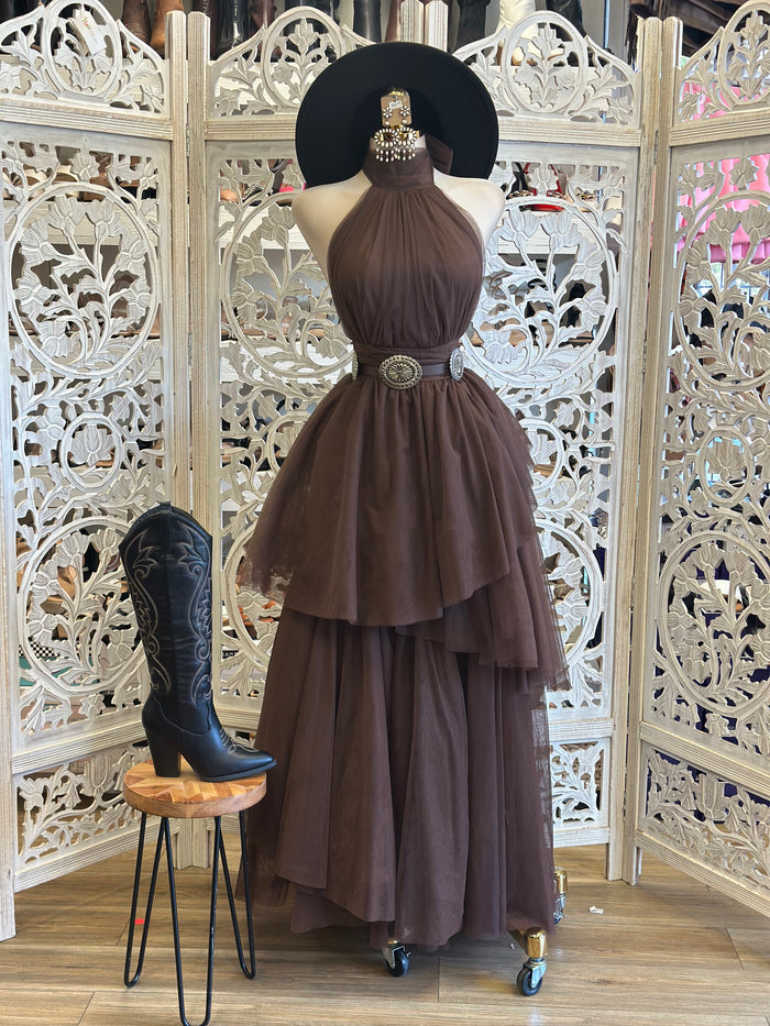 Earth BrownTulle High Neck Ruffle Dress- Not Stretchy, No Estira