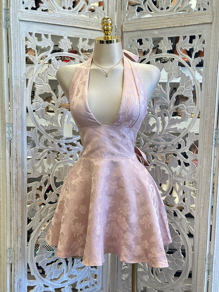 Embedded Floral Rose Mini Dress- No Estira, Not Stretchy