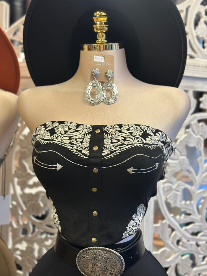 Embroidered Western Strapless Top- Estira, Stretchy