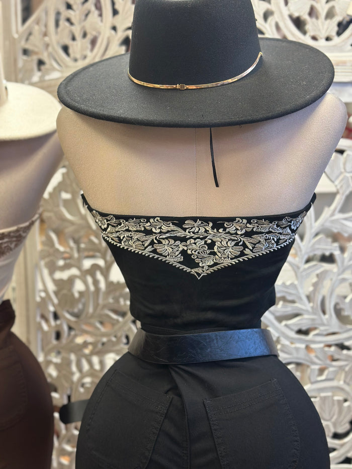 Embroidered Western Strapless Top- Estira, Stretchy