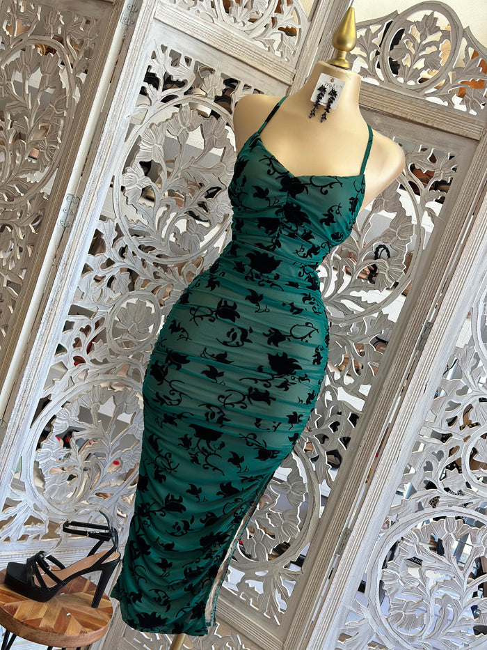 Emerald Velvet Floral Tie Back Dress