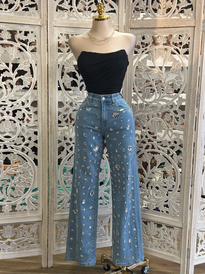 Enlarged Rhinestone Denim Wide Leg Jeans - Stretchy, Estira