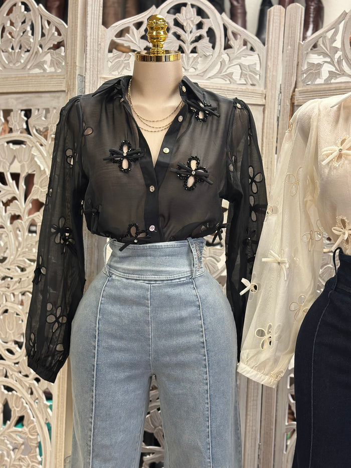 Eyelet Button Up Blouse- Estira, Stretchy