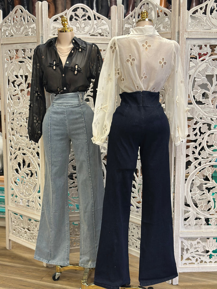 Eyelet Button Up Blouse- Estira, Stretchy